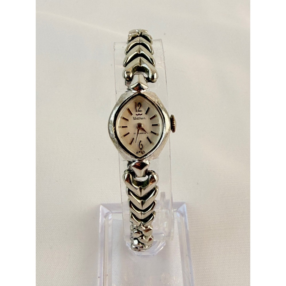 Vintage Waltham 17J Silver Tone Chevron Link Art Deco Watch - RUNNING